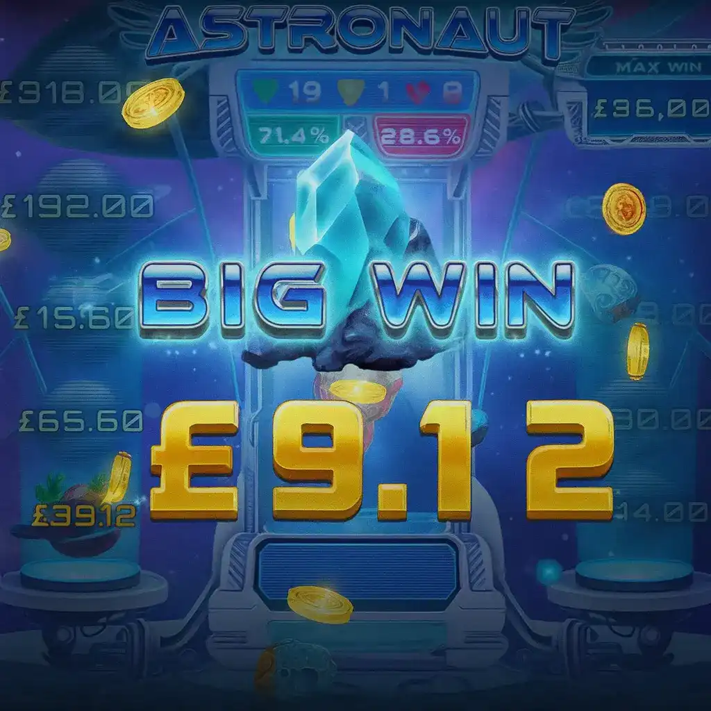 Astronaut casino game displaying big win of £9.12 with blue crystal symbol and golden coins