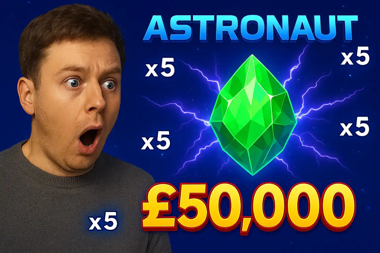 Excited man showing shock expression with Astronaut casino game featuring green crystal and £50,000 win amount