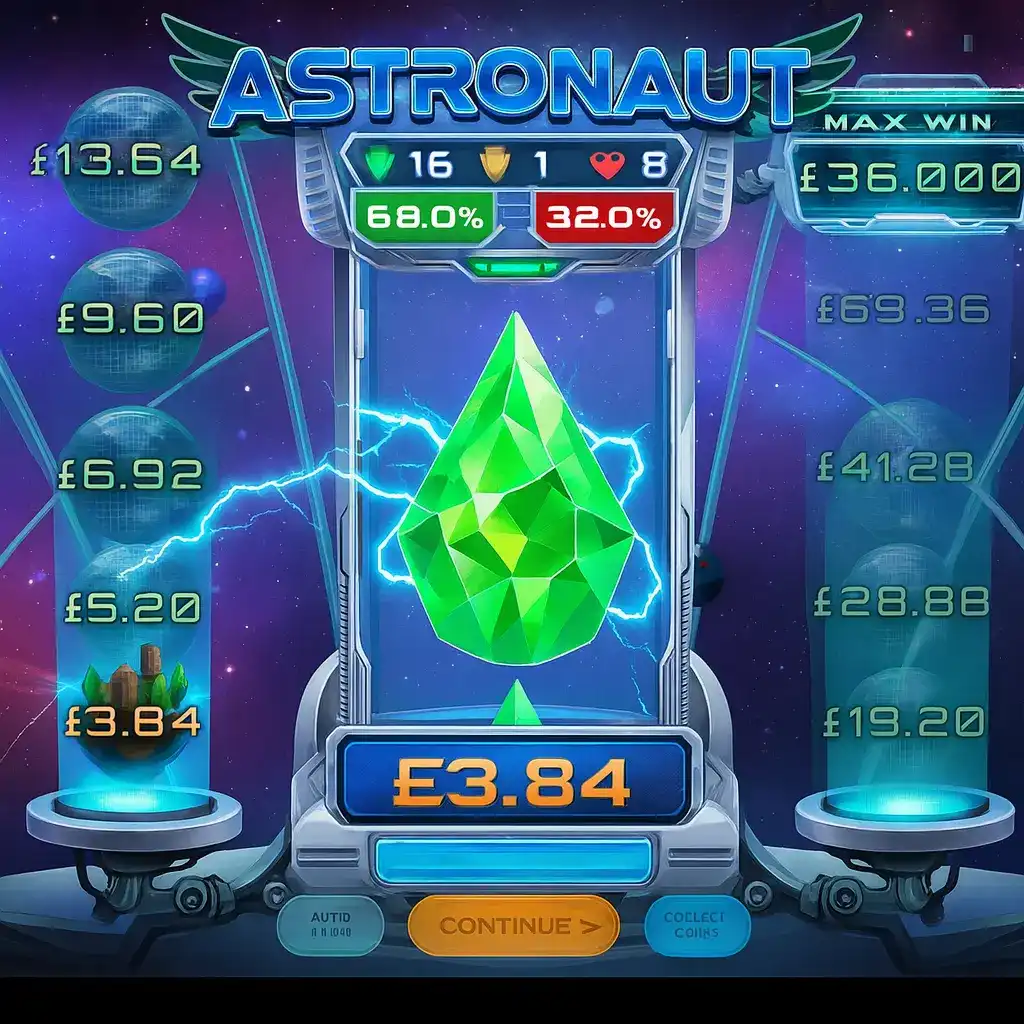 Astronaut casino slot game interface showing green crystal symbol with multipliers and betting options