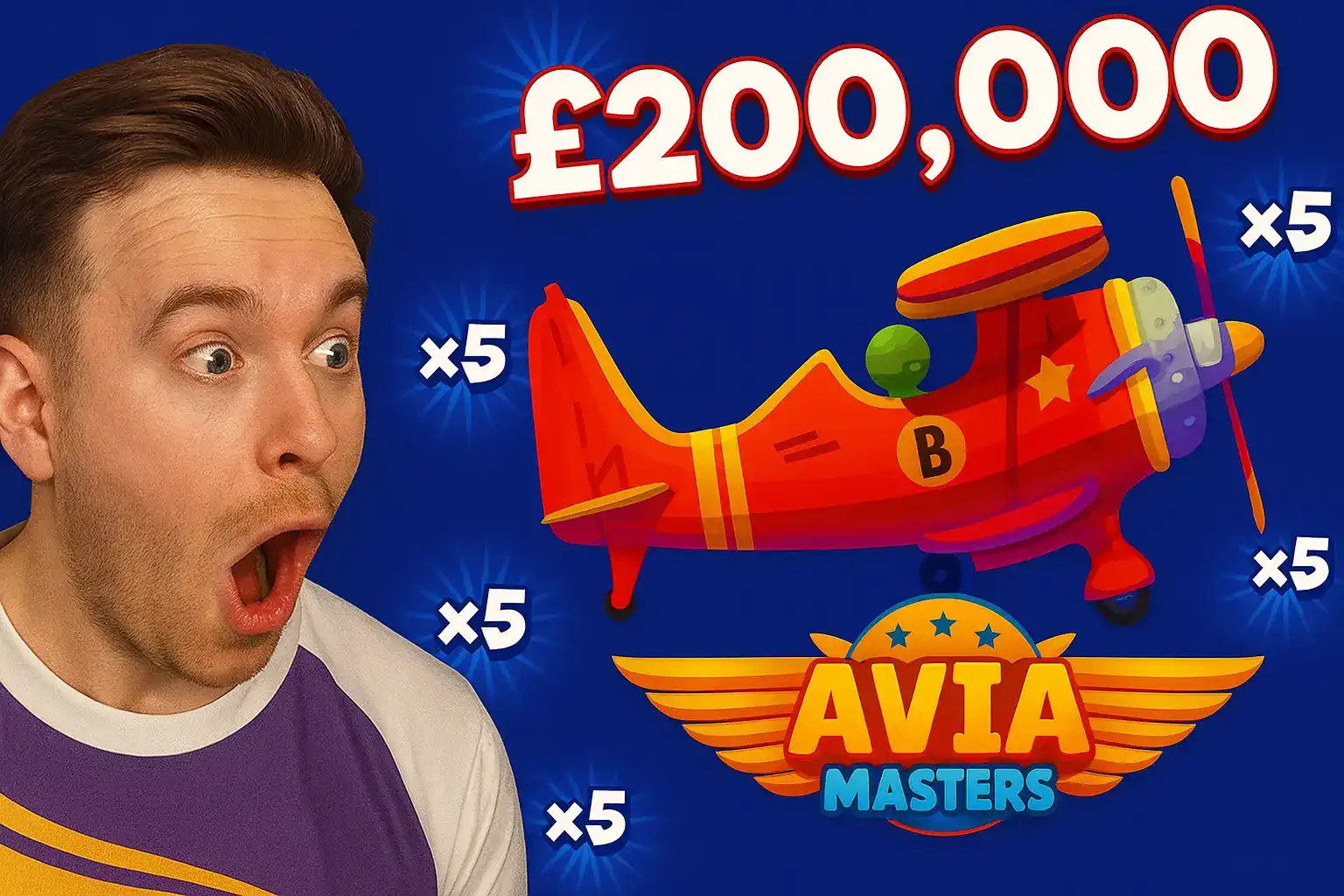 Amazed man with Avia Masters game showing red vintage airplane and £200,000 jackpot amount