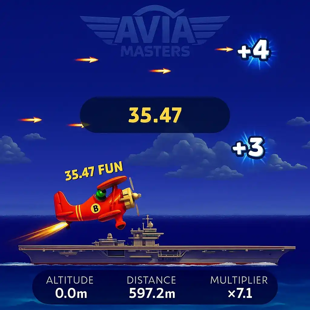 Avia Masters aviation game showing red biplane flying over aircraft carrier with multiplier display