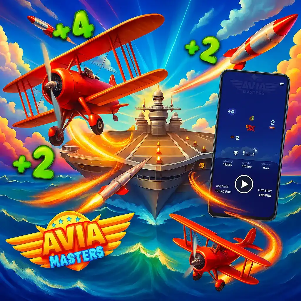 Avia Masters mobile aviation game featuring vintage red biplanes, rockets and smartphone interface