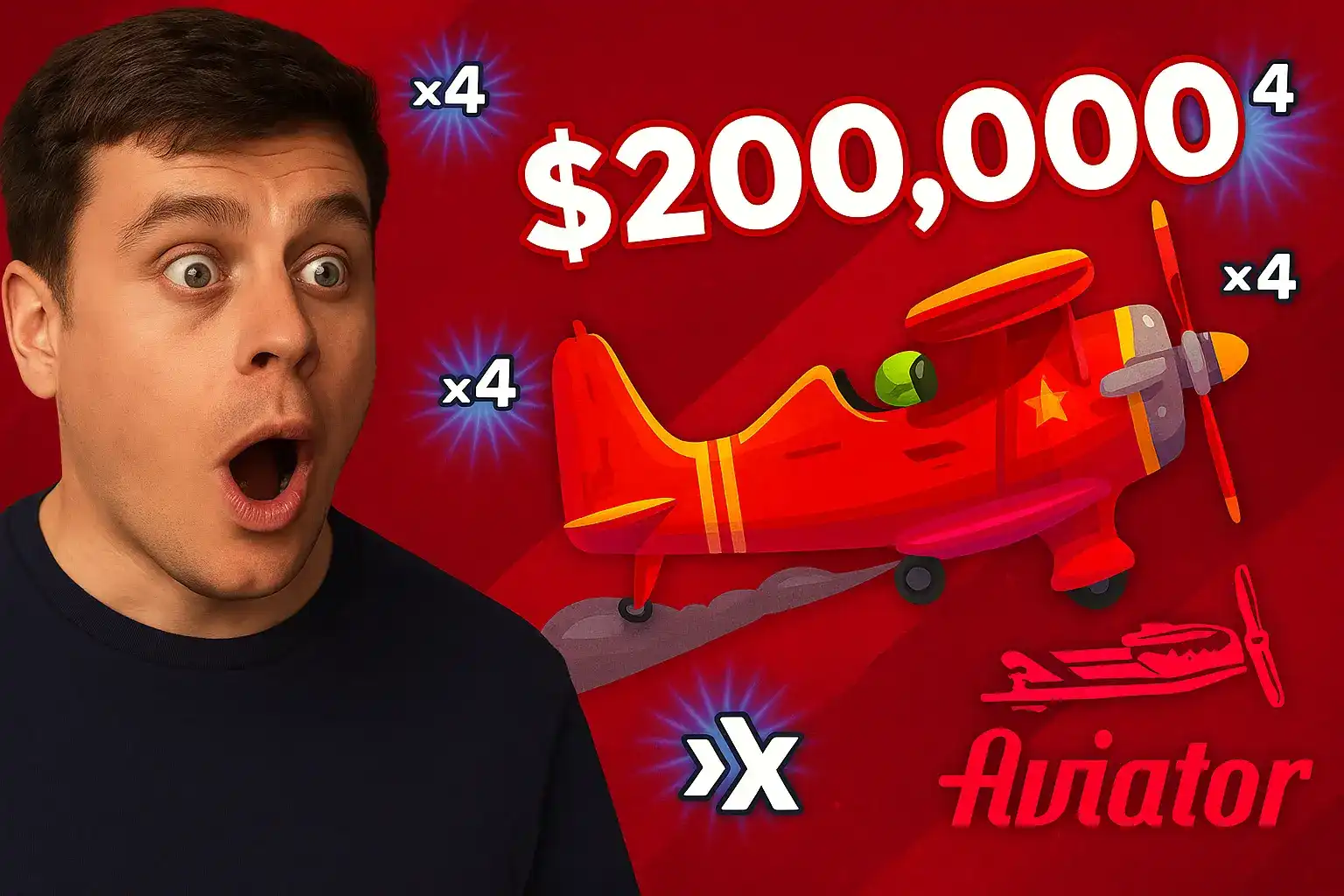 Shocked man displaying excitement with Aviator game showing red aircraft and $200,000 win