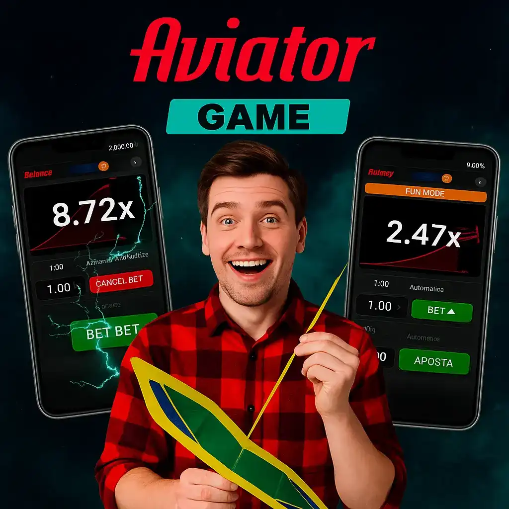 Happy man in checkered shirt holding Brazilian flag with Aviator game mobile interfaces showing multipliers